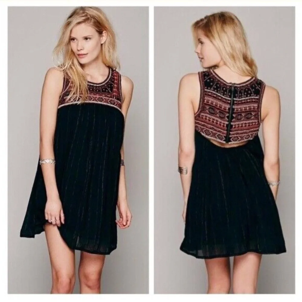 Free People Aztec Bib Beaded Embroidered Black Boho Festival Mini Dress